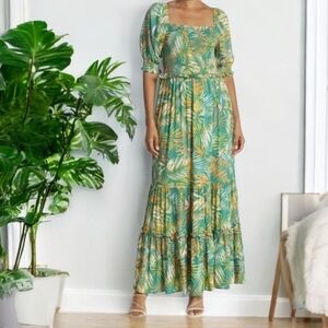 Betsey Johnson Maxi Dress Square Neck Puff Sleeves Tropical Pepper Green